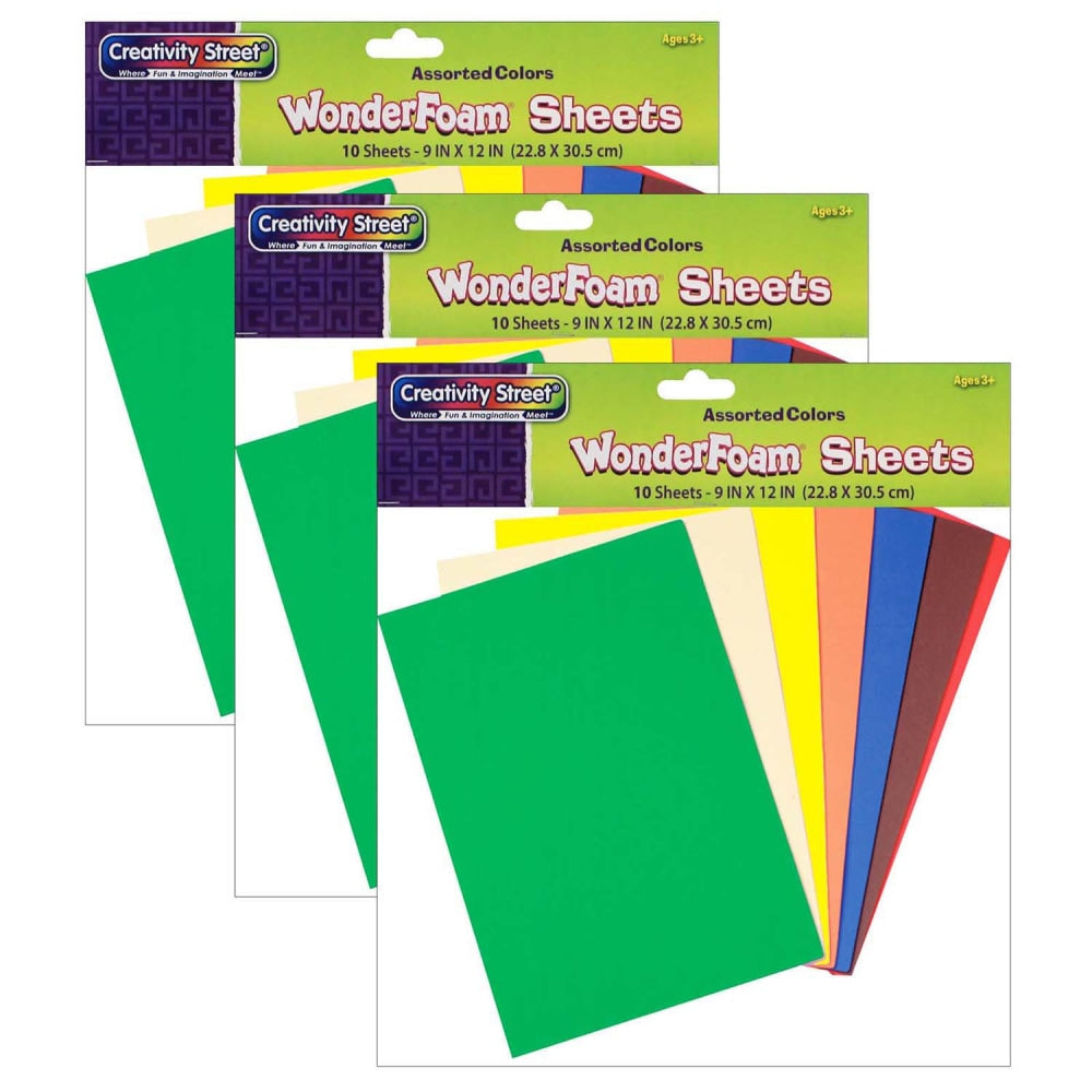 Creativity Street WonderFoam Sheets, Assorted Colors, 9in x 12in, 10 Per Pack, Set Of 3 Packs