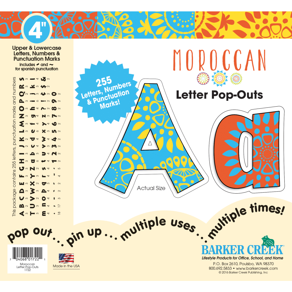Barker Creek Letter Pop-Outs, 4in, Moroccan, Set Of 255