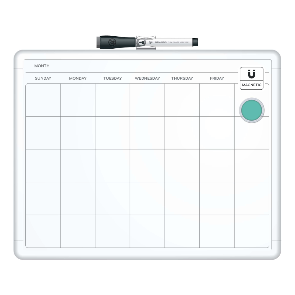 U Brands Magnetic Dry Erase Monthly Calendar Board, 14in X 11in, White Plastic Frame
