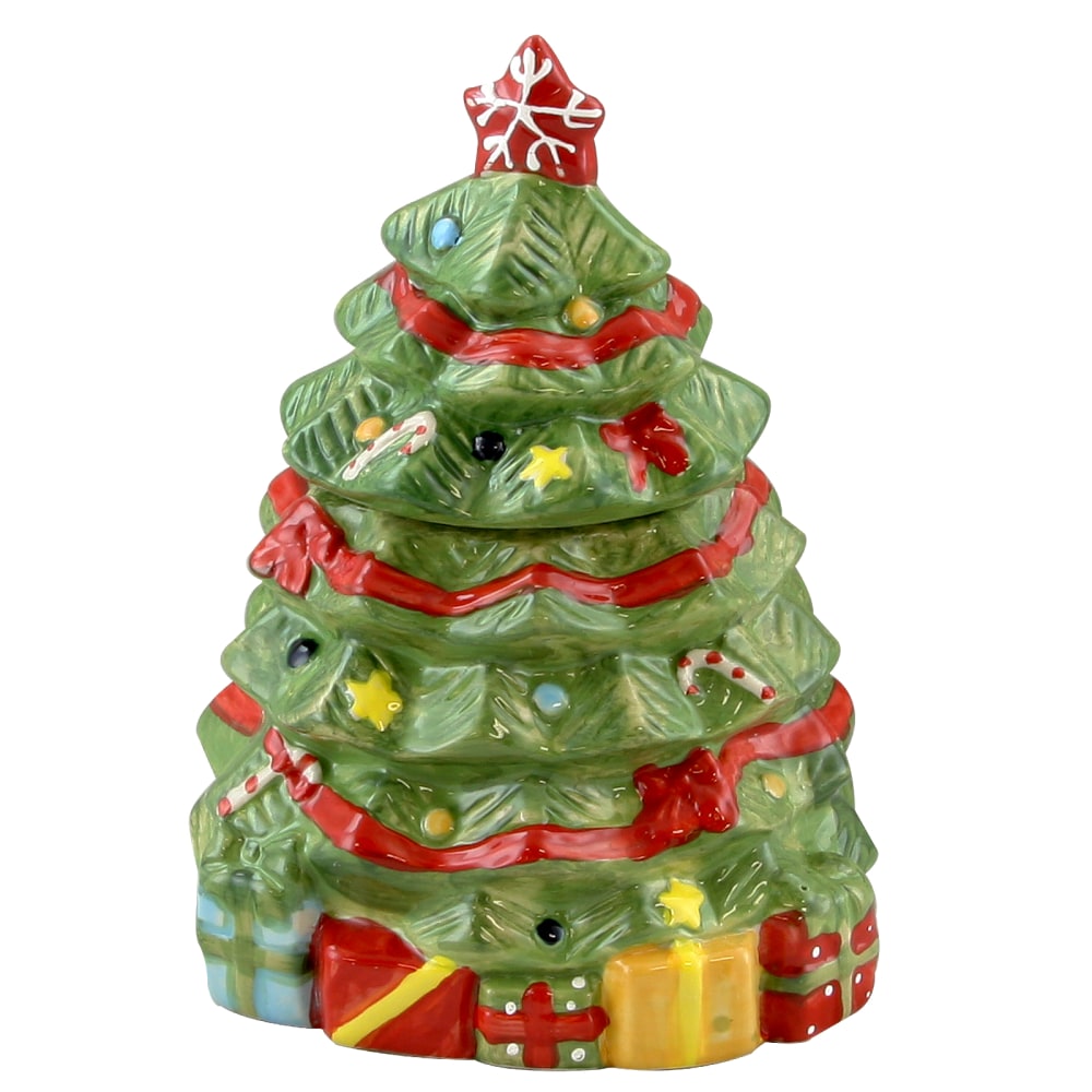 Gibson Home Mirthuful Treats Ceramic Christmas Tree Cookie Jar, 7-15/16inH x 5-1/2inW x 6-1/2inD, Multicolor