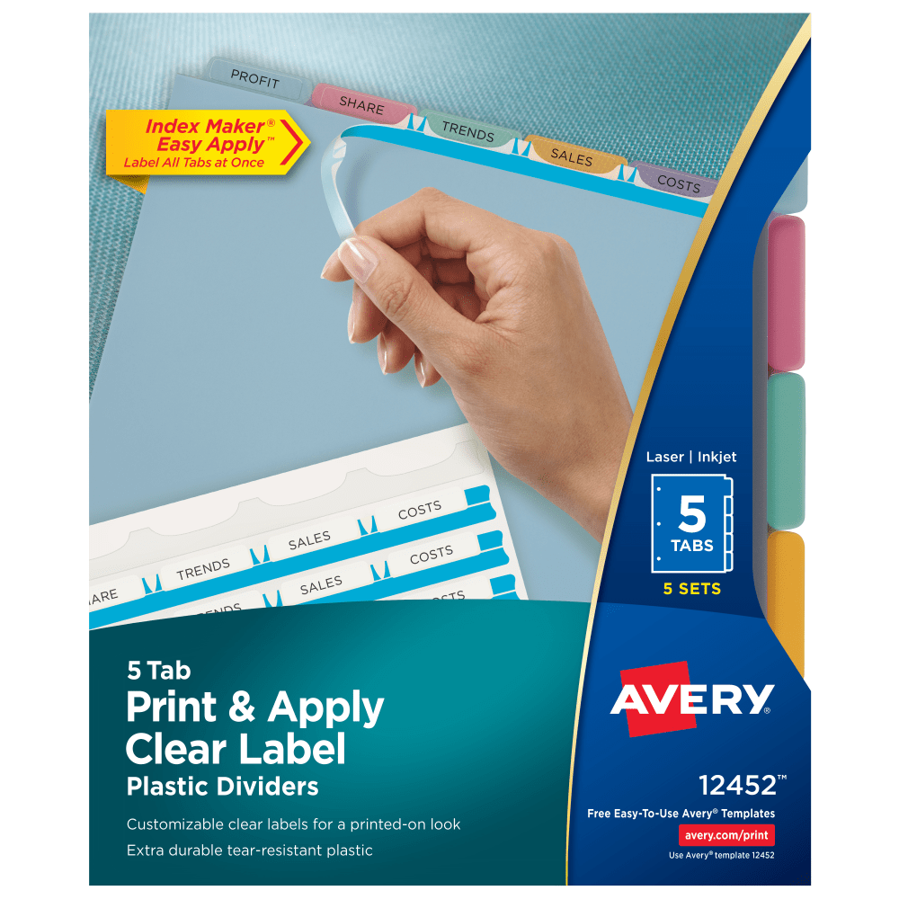 Avery Print & Apply Clear Label Translucent Plastic Dividers with Index Maker Easy Apply Printable Label Strip, 5 Multicolor Tabs, Pack Of 5 Sets