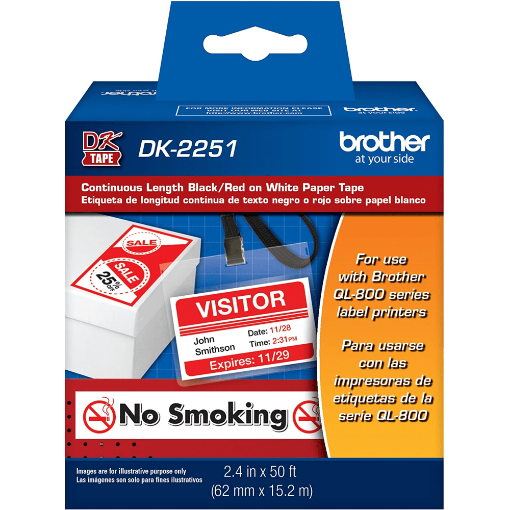 Brother DK-2251 Continuous-Length Tape, 2.4in x 50ft, Black/Red/White