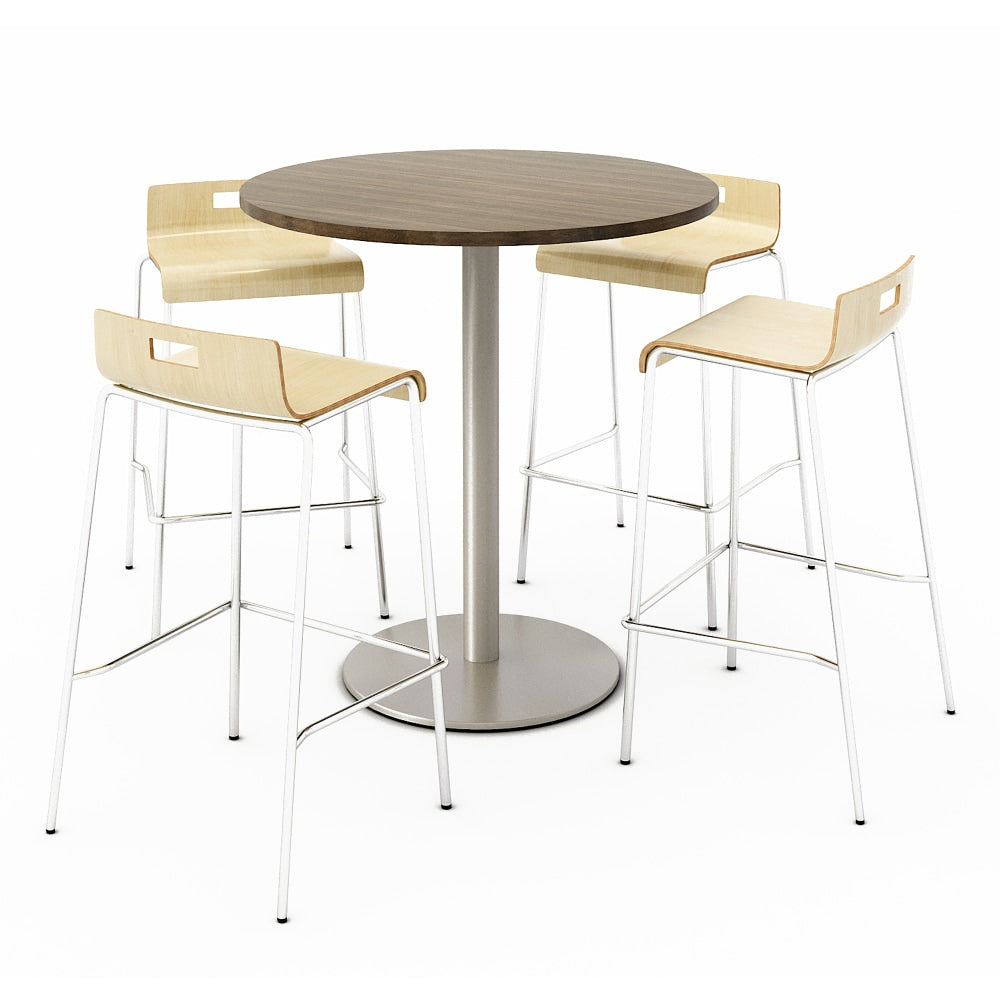 KFI Studios Round Bistro Pedestal Table With 4 Stacking Bar Stools, Studio Teak/White
