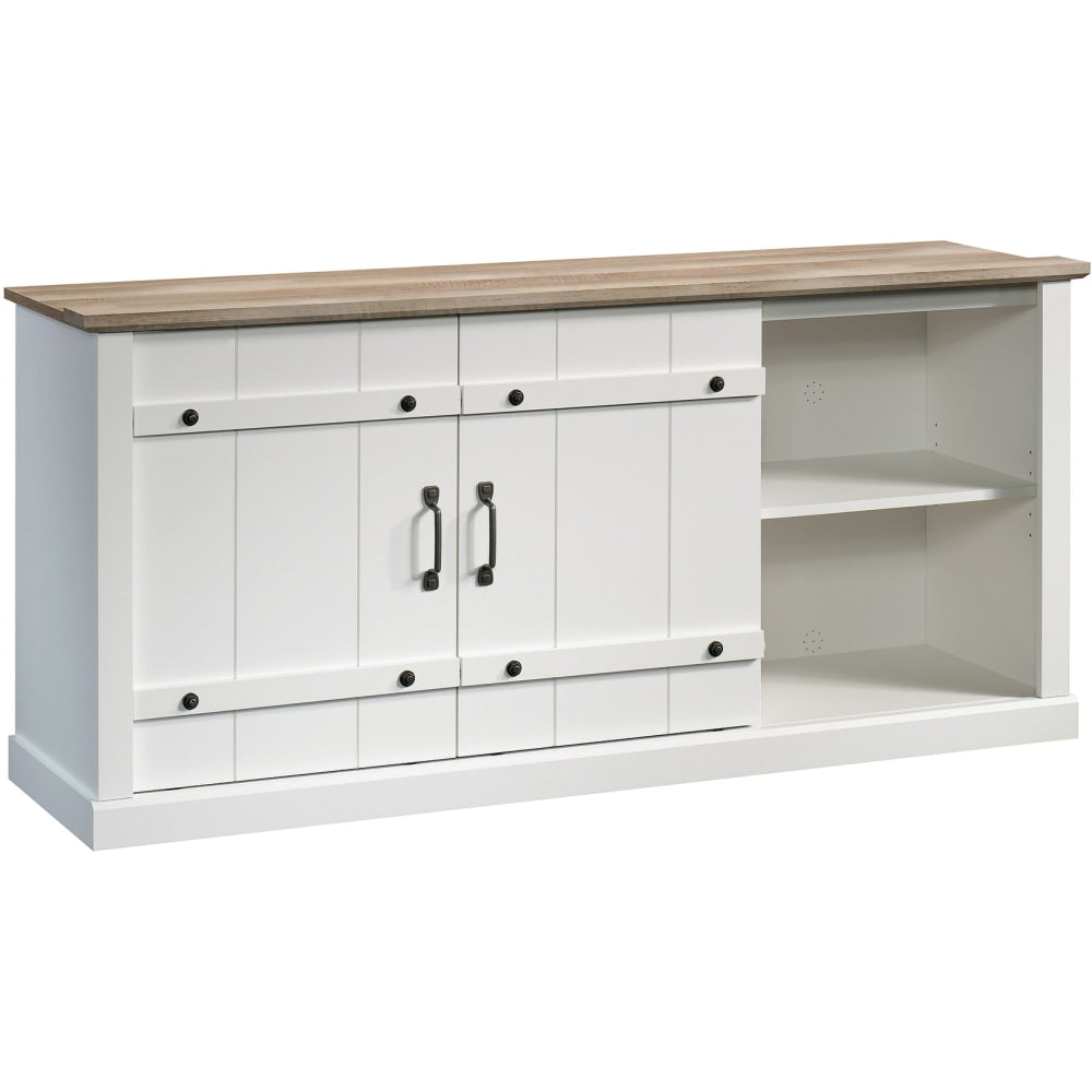 Sauder Select Farmhouse Entertainment Credenza With Sliding Doors For 70in TVs, Soft White/Lintel Oak