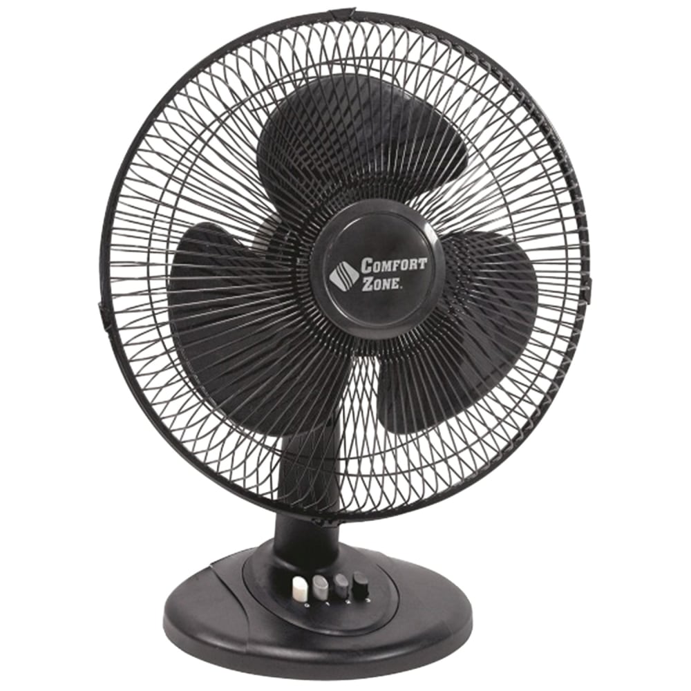 Comfort Zone 12in Oscillating Table Fan - 12in Diameter - 3 Speed - Oscillating, Adjustable Tilt Head, Quiet - Metal - Black
