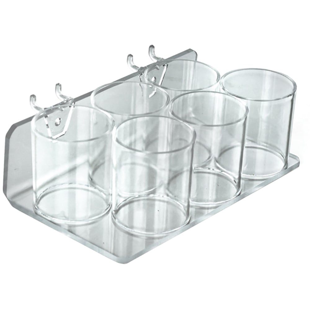 Azar Displays 6-Cup Acrylic Holders For Pegboards/Slatwalls, 2-3/4inH x 8inW x 5inD, Clear, Pack Of 2 Holders