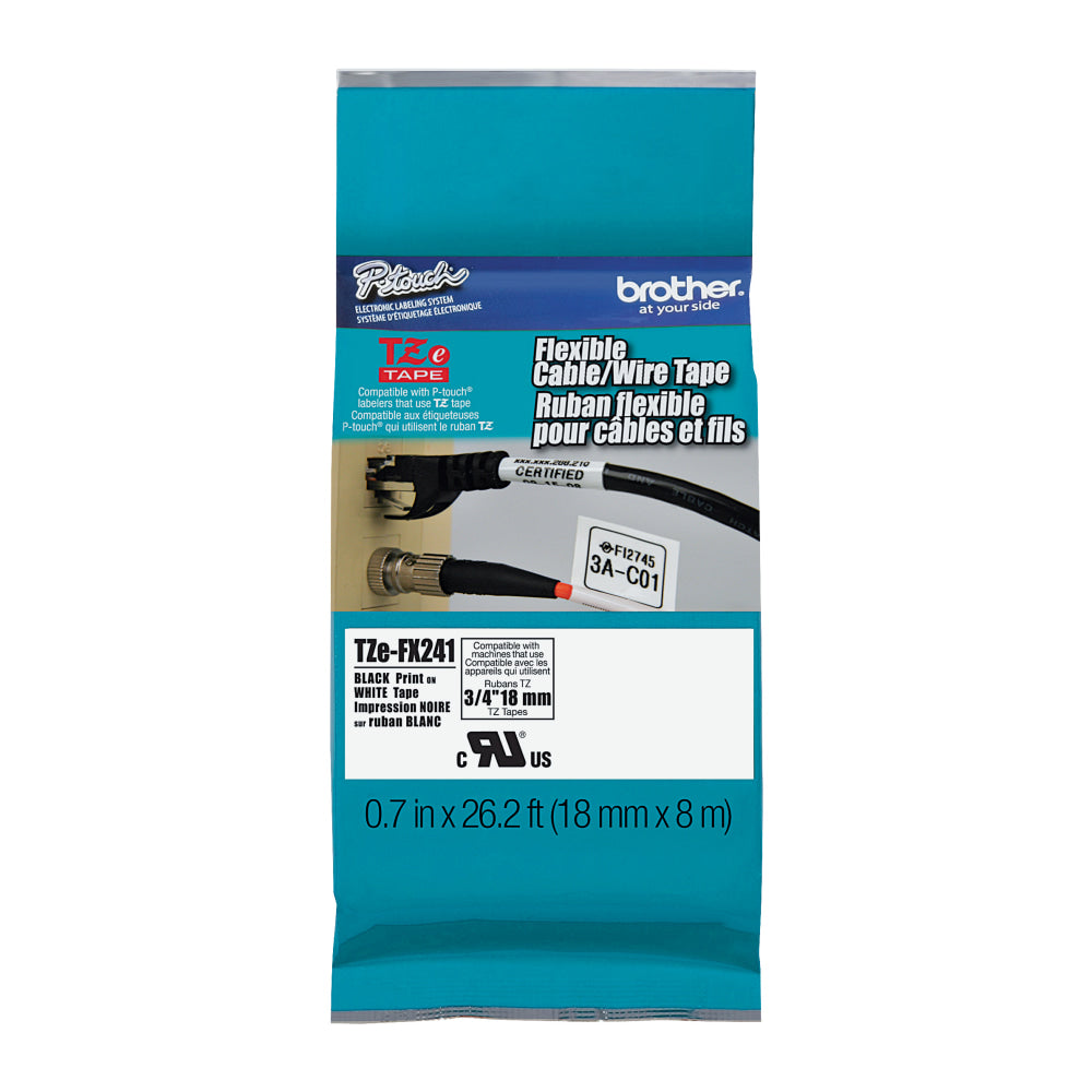 Brother TZ Flexible Label Tape, TZE-FX241, 0.71in x 26.2ft, Black Print/White Label