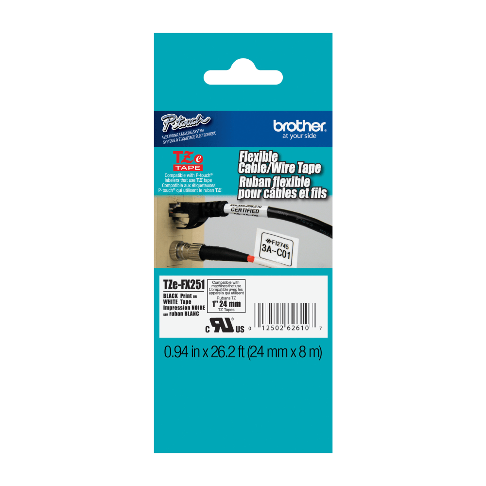 Brother TZ Flexible Label Tape, TZE-FX251, 0.94in x 26.2ft, Black Print/White Label