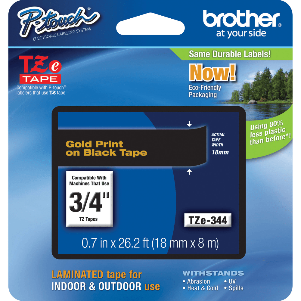 Brother TZe-344 Gold-On-Black Tape, 0.75in x 26.2ft