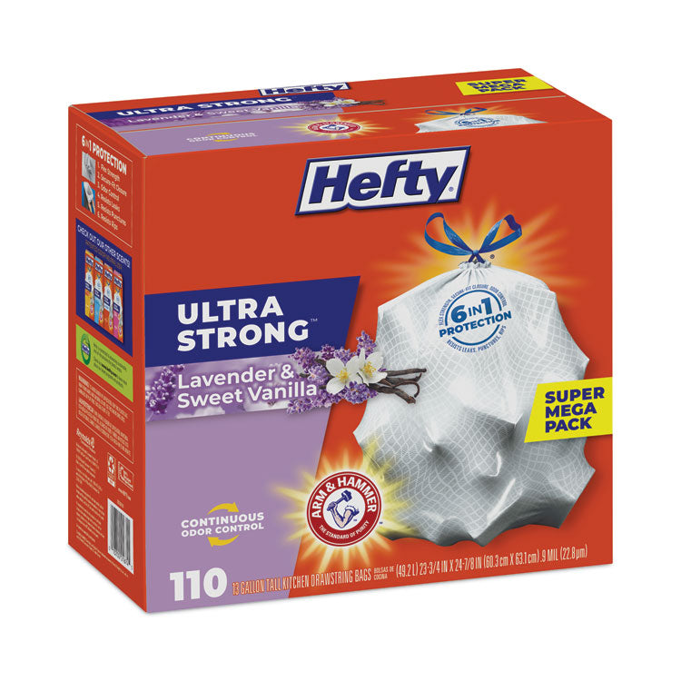 Ultra Strong Scented Tall Kitchen Bags, Drawstring, 13 gal, Lavender/Vanilla, 23.75" x 24.88", White, 110/Box, 3 Boxes/Carton