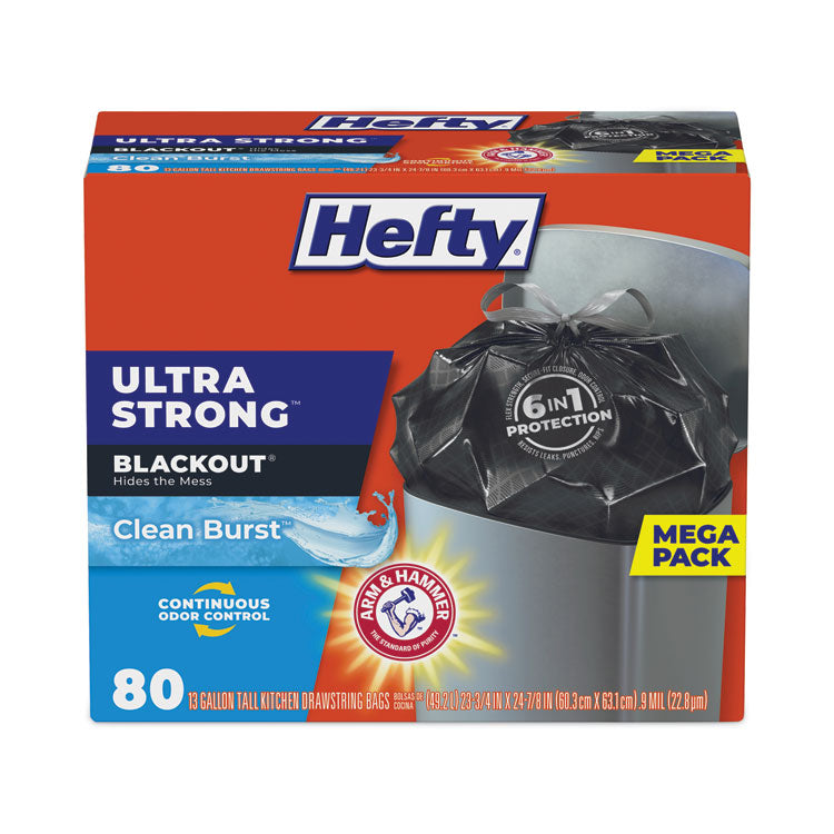 Ultra Strong BlackOut Tall-Kitchen Drawstring Bags, 13 gal, 23.75" x 24.88", Black, 80 Bags/Box, 3 Boxes/Carton
