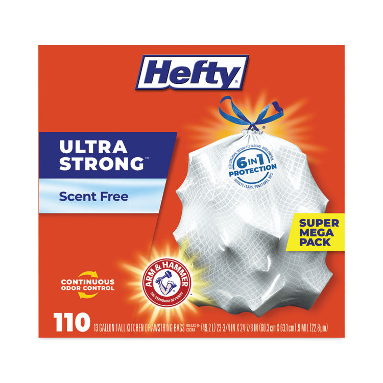 Ultra Strong Tall Kitchen Trash Bags, Drawstring, 13 gal, 23.75" x 24.88", White, 110/Box