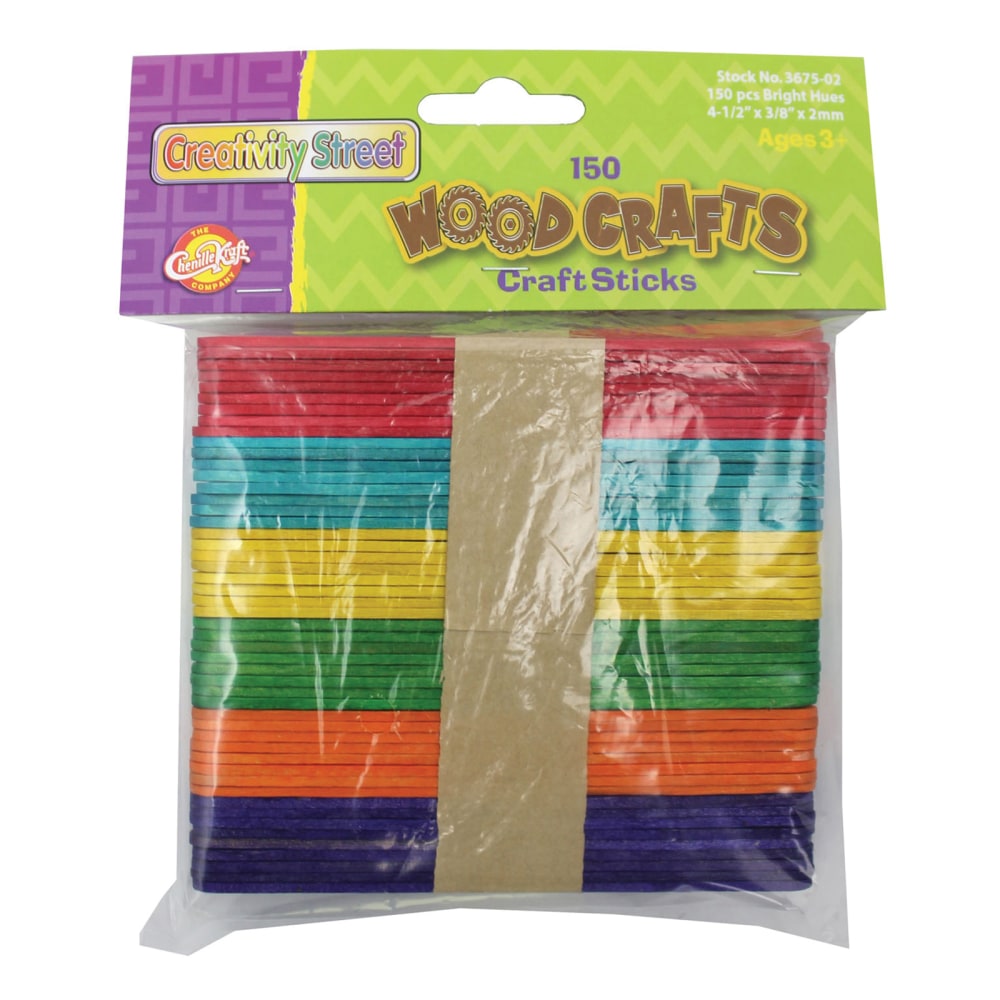 Creativity Street Wood Craft Sticks, 4-1/2in x 3/8in, Assorted Bright Colors, 150 Sticks Per Pack, Case Of 12 Packs