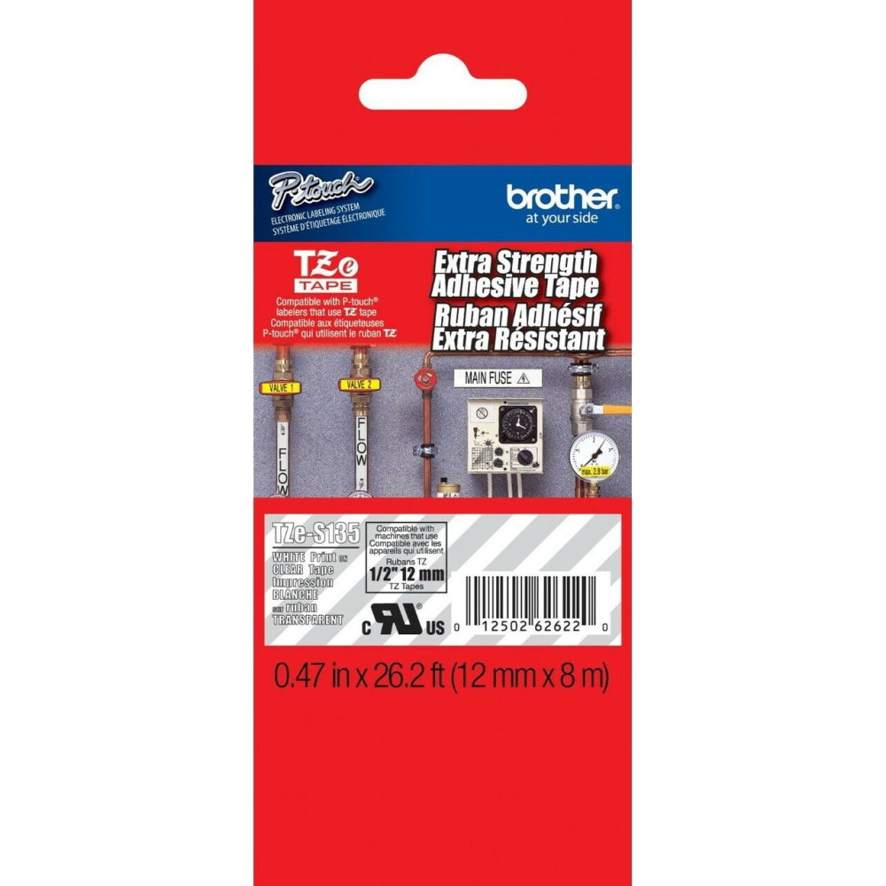 Brother TZe-S135 White-On-Clear Extra-Strength Tape, 0.47in x 26.2ft