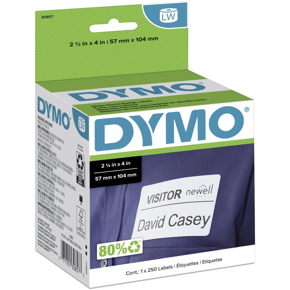 DYMO LabelWriter Self-Adhesive Name Badge Labels, 30857, White, 2 1/4in x 4in, Roll Of 250 Labels