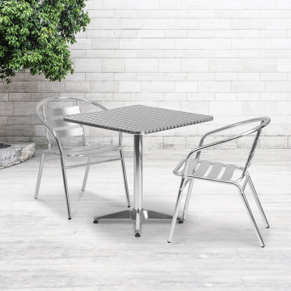 Flash Furniture Square Aluminum Indoor/Outdoor Table Set With 2 Slat-Back Chairs, 27-1/2inH x 27-1/2inW x 27-1/2inD, Aluminum