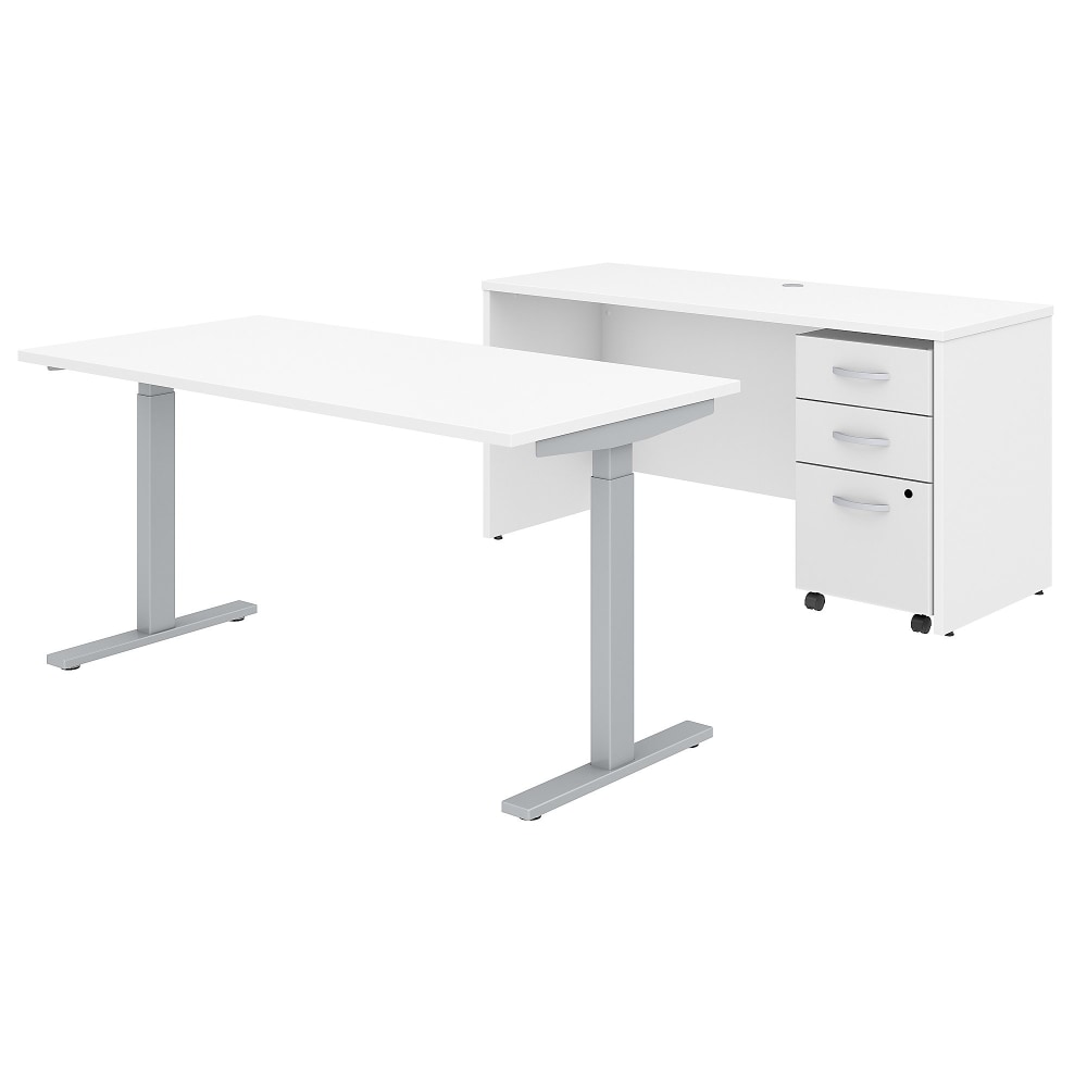 Bush Business Furniture Studio C Electric 60inW x 30inD Height Adjustable Standing Desk, Credenza and One Mobile File Cabinet, White, Standard Delivery