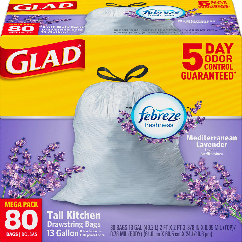 Glad Tall Kitchen 5-Day OdorShield Trash Bags With Febreze Freshness, 13 Gallons, Mediterranean Lavender Scent, White, Pack Of 80