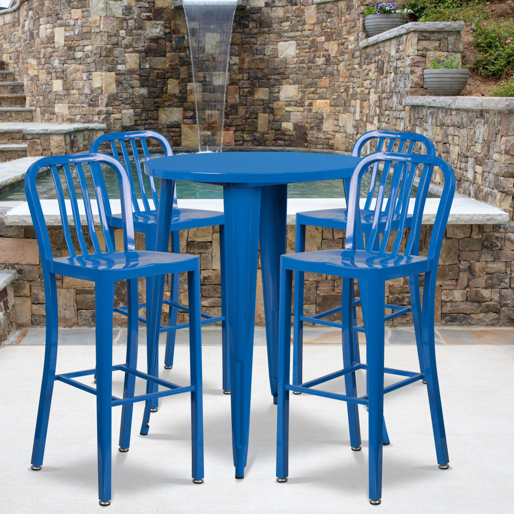 Flash Furniture Commercial-Grade 30in Round Metal Indoor-Outdoor Bar Table with 4 Vertical-Slat-Back Stools, Blue