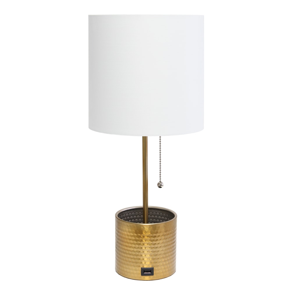 Simple Designs Hammered Metal Organizer Table Lamp, 18-1/2inH, White Shade/Gold Base