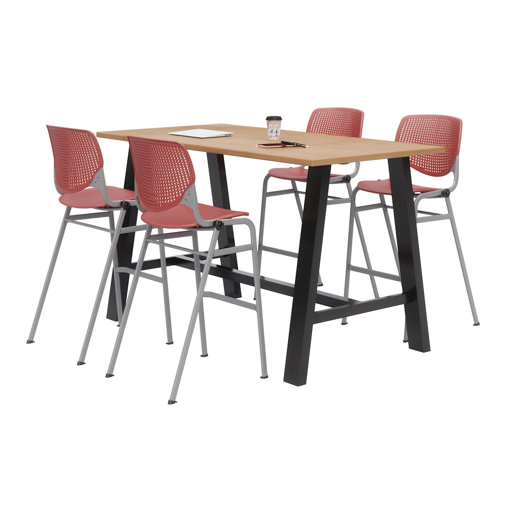 KFI Studios Midtown Table With 4 Stacking Chairs, Kensington Maple/Coral Orange