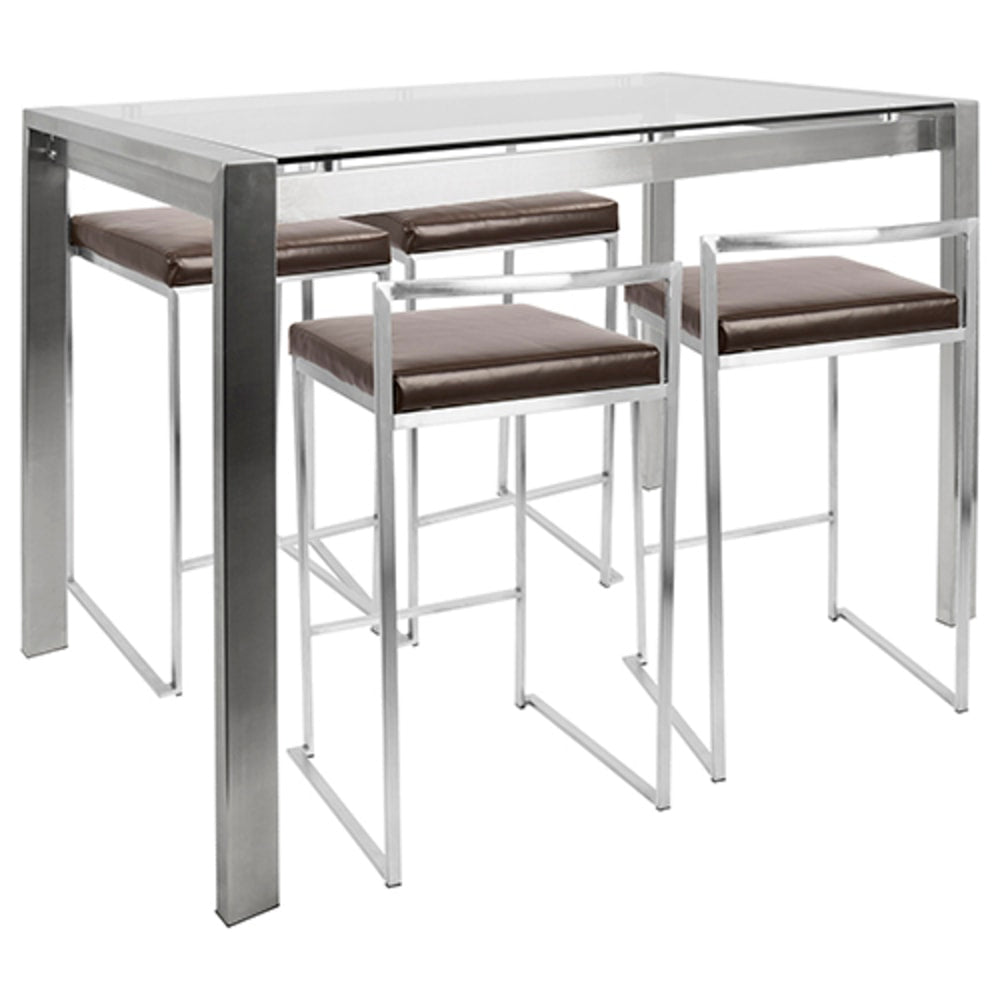 Lumisource Fuji Counter-Height Table With 4 Stools, Brown/Stainless Steel