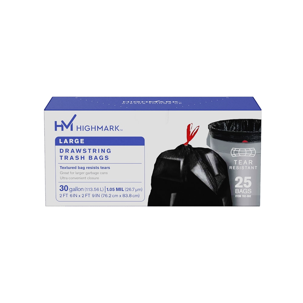 Highmark Large Drawstring Trash Bags, 30 Gallon, Black, Box Of 25