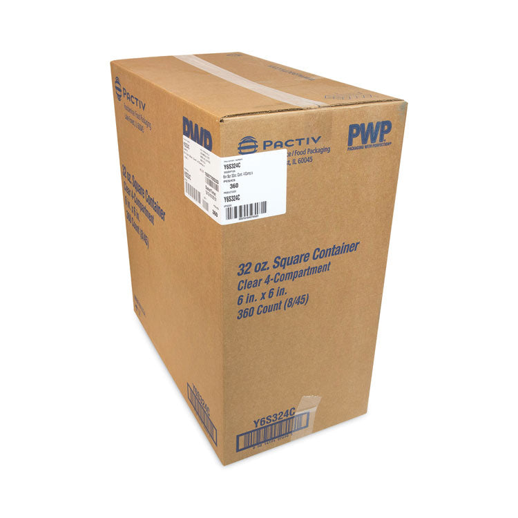EarthChoice Square Recycled Bowl, 4 Compartments, 32 oz, 6.13 x 6.13 x 2.61, Clear, Plastic, 360/Carton