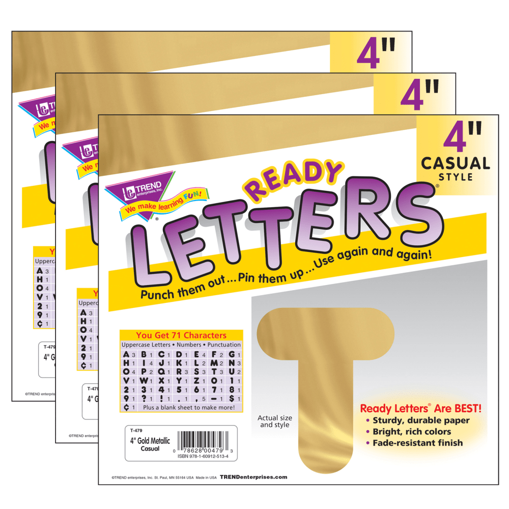 TREND Ready Letters, 4in, Casual Uppercase, Gold Metallic, Set Of 3 Packs