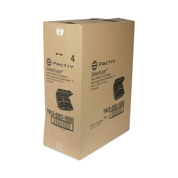 SmartLock Foam Hinged Lid Container, Large, 3 Compartments, 9 x 9.5 x 3.25, Black, 150/Carton