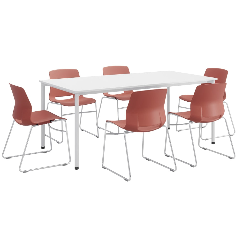 KFI Studios Dailey Table Set With 6 Sled Chairs, White Table/Coral Chairs
