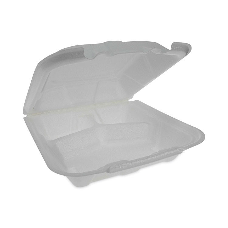 Vented Foam Hinged Lid Container, Dual Tab Lock Economy, 3 Compartments, 9.13 x 9 x 3.25, White, 150/Carton