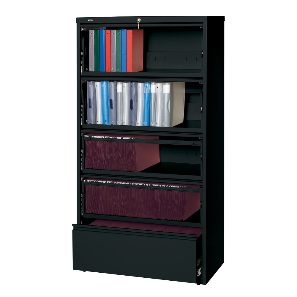 Lorell Fortress 36inW x 18-5/8inD Lateral 5-Drawer File Cabinet With Roll-Out Shelves, Black