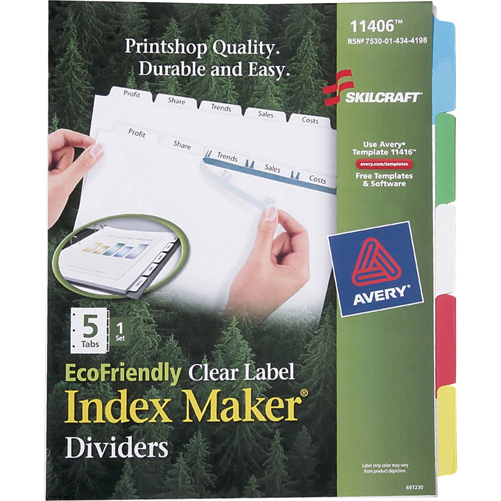 SKILCRAFT Index Maker Label Dividers, Clear, Set of 5