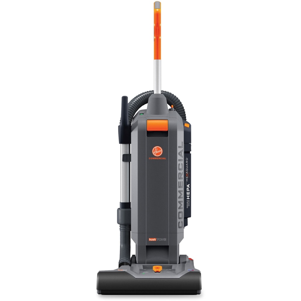 Hoover HushTone 15Plus Upright Vacuum - 1200 W Motor - 1.13 gal - Bagged - Brushroll, Filter, Hose, Nozzle, Wand - 15in Cleaning Width - 40 ft Cable Length - 96in Hose Length - HEPA - 1137 gal/min - 12 V DC - 10 A - 69 dB Noise - Gray