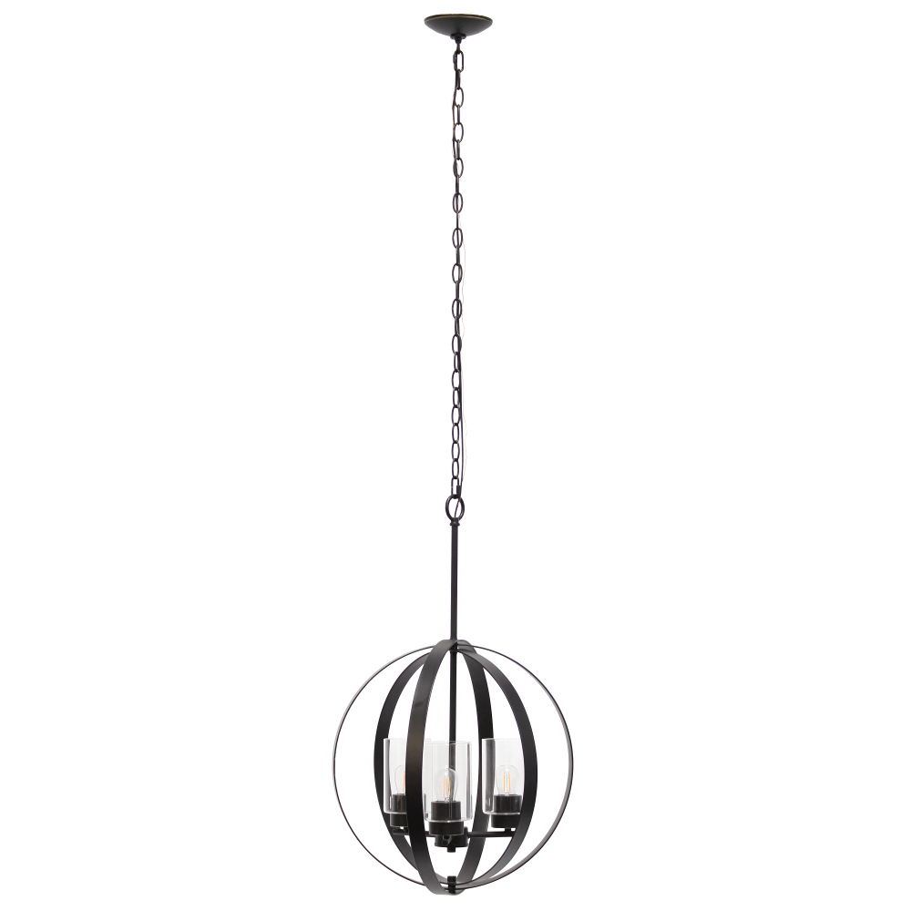 Lalia Home 3-Light Hanging Metal Globe And Clear Glass Ceiling Pendant, 18inW, Restoration Bronze