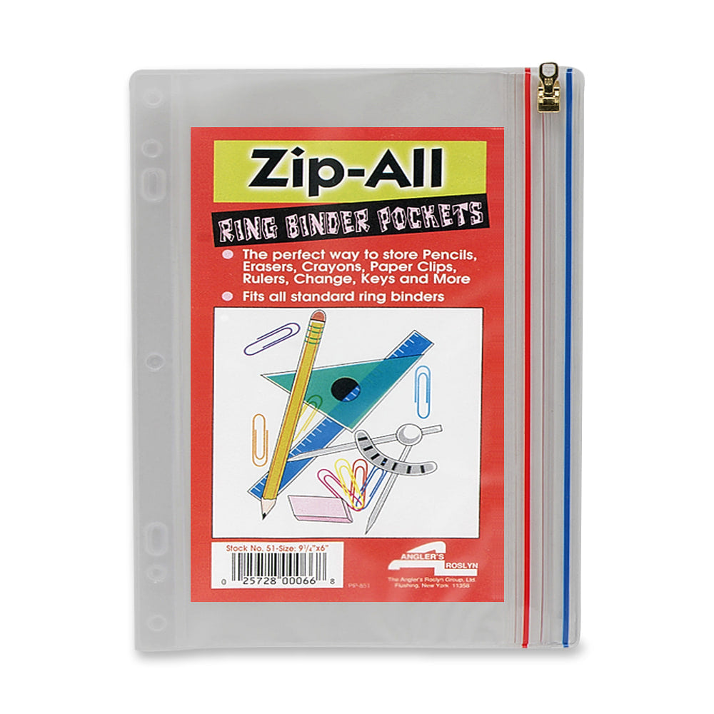 Anglers Zip-All Ring Binder Pocket, 8in x 10 1/2in, Clear
