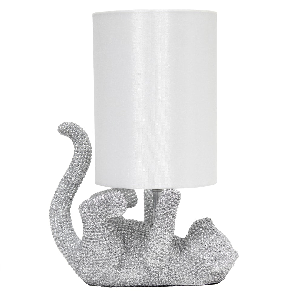 Lalia Home Diamond-Studded Rhinestone Look Kitty Cat Feline Table Lamp, 12-5/8inH, White Shade/Silver Base