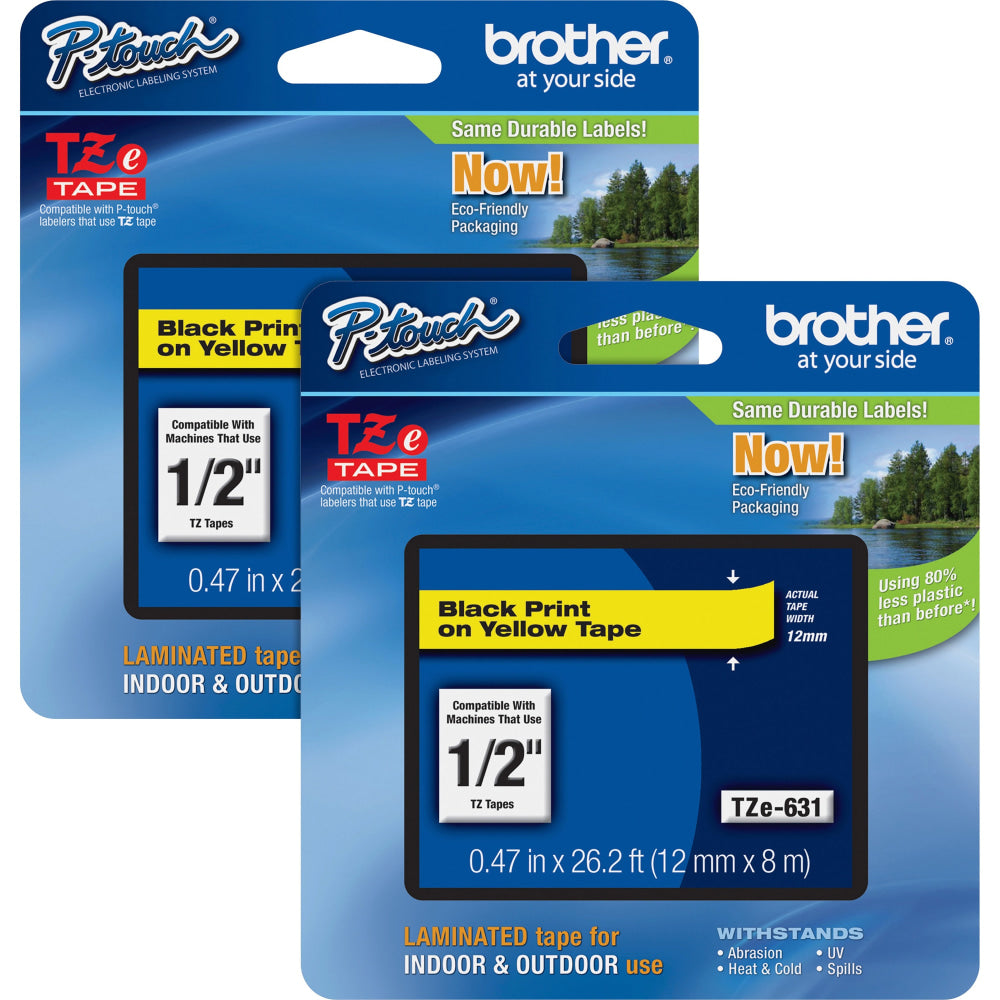 Brother P-touch TZe Laminated Tape Cartridges, 15/32inW x 26 1/4L , Rectangle, Yellow, 2 Per Bundle