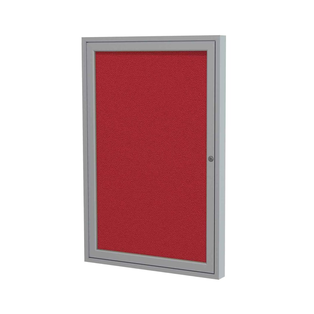 Ghent Traditional Enclosed 1-Door Fabric Bulletin Board, 36in x 24in, Red, Satin Aluminum Frame