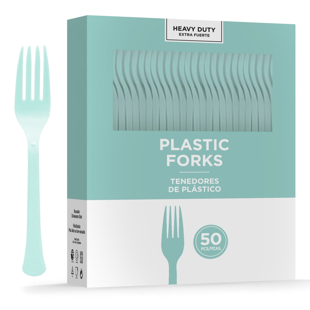 Amscan 8017 Solid Heavyweight Plastic Forks, Robins Egg Blue, 50 Forks Per Pack, Case Of 3 Packs