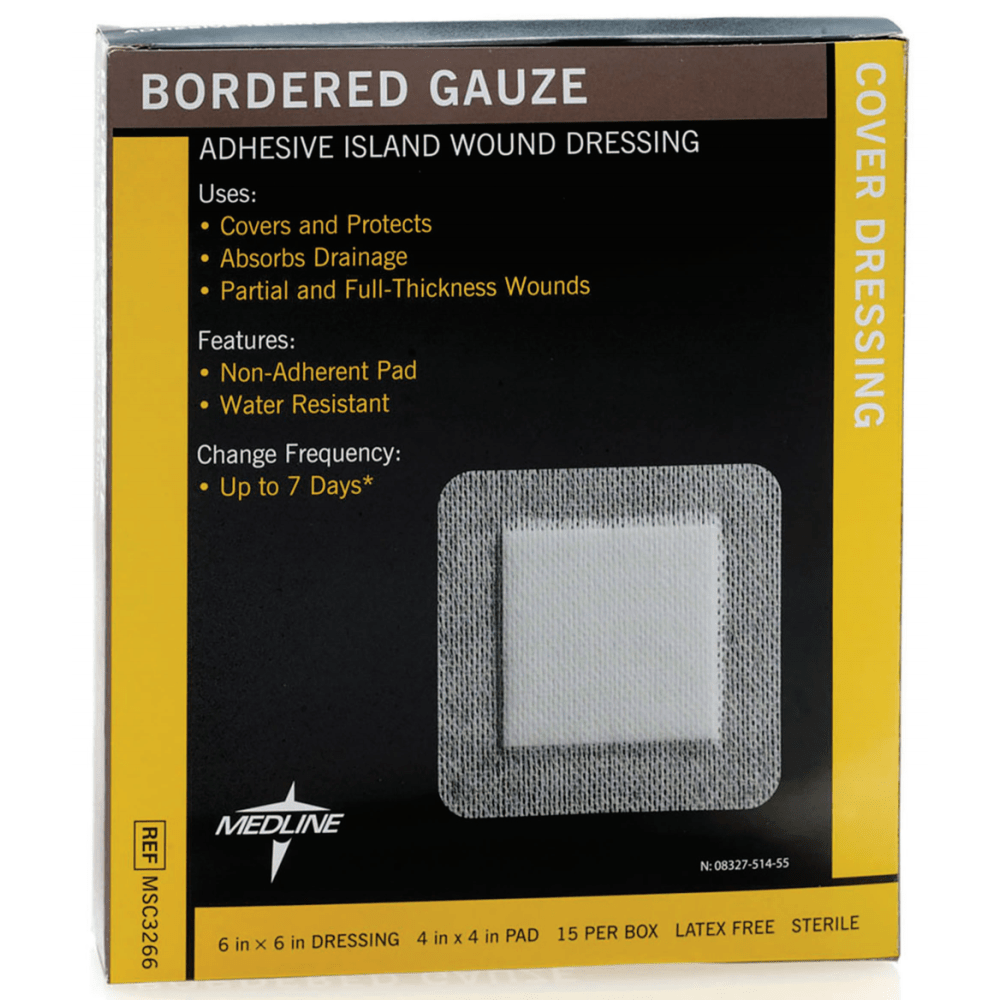 Medline Sterile Border Gauze Pads, 6in x 6in, White, Box Of 15 Pads