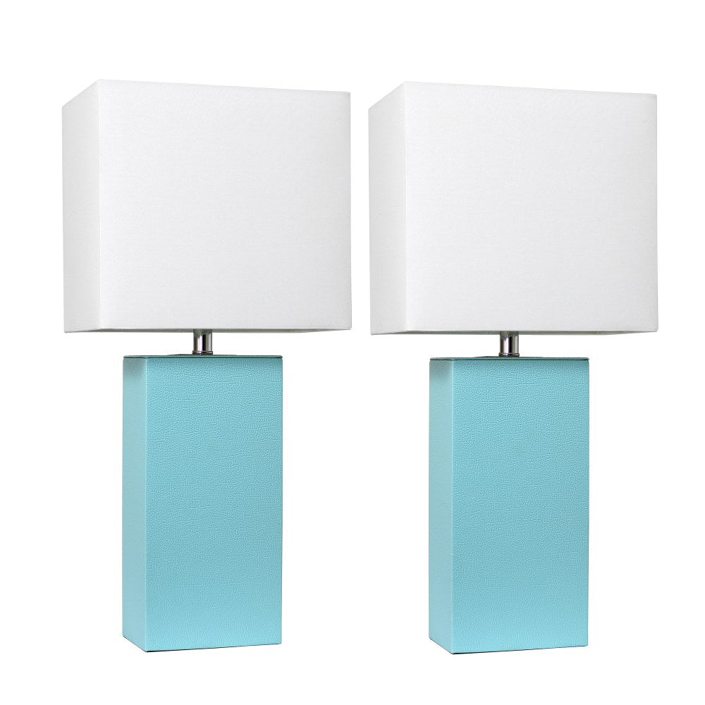Elegant Designs Modern Leather Table Lamps, 21inH, White Shade/Aqua Base, Set Of 2 Lamps