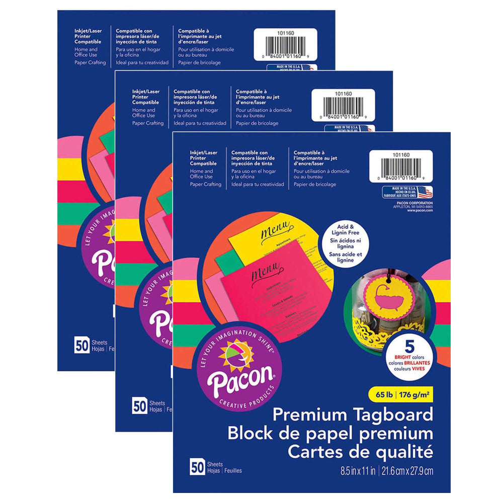 Pacon Premium Tagboard, 8-1/2in x 11in, Assorted Colors, 50 Sheets Per Pack, Set Of 3 Packs