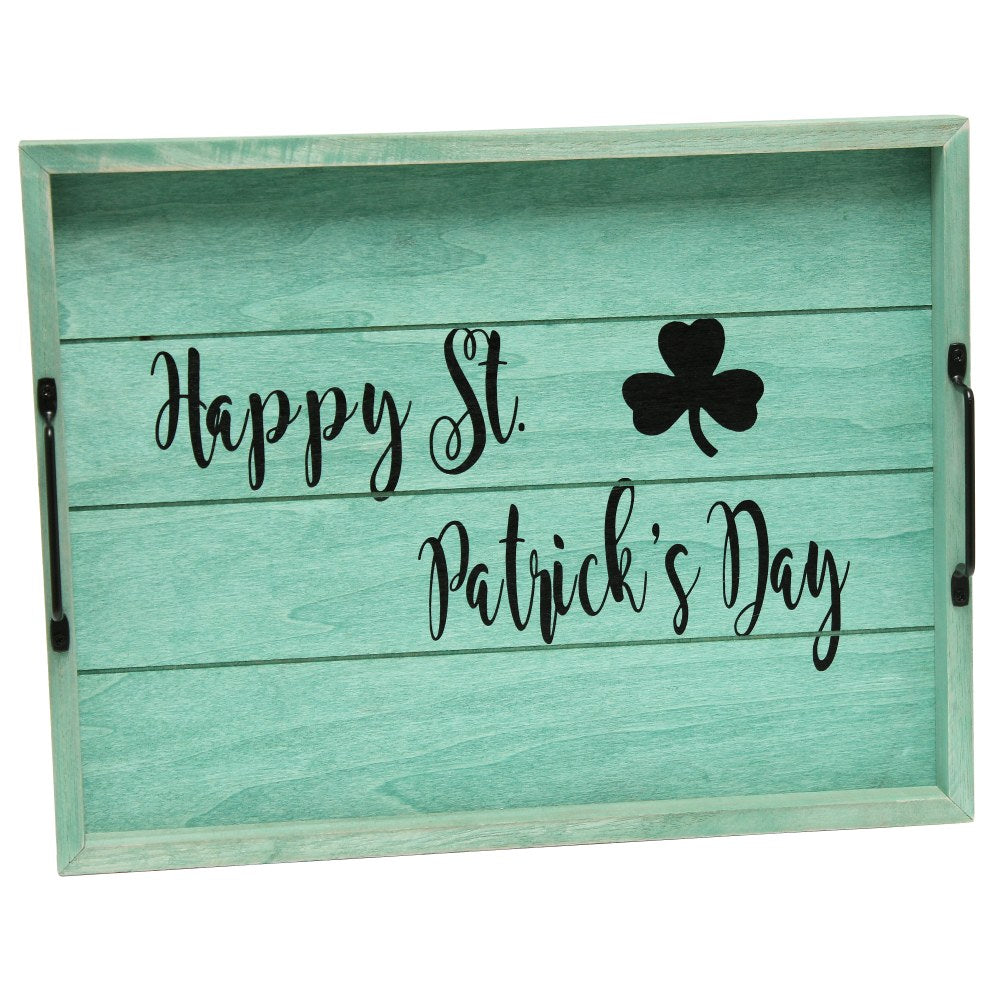Elegant Designs Decorative Serving Tray, 2-1/4inH x 12inW x 15-1/2inD, Green Wash Happy St. Patricks Day