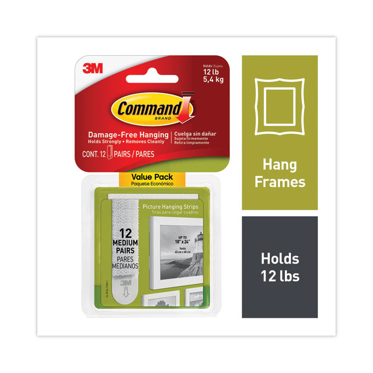 Picture Hanging Strips, Value Pack, Medium, Removable, Holds Up To 12 Lbs, 0.75 X 2.75, White, 12 Pairs/pack
