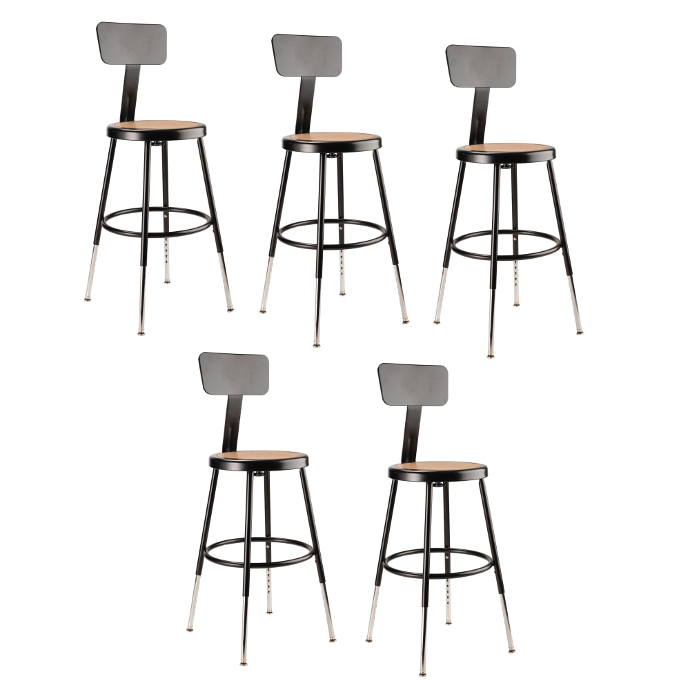 National Public Seating Adjustable Hardboard Stools With Backs, 19in-27inH, Black, Set of 5