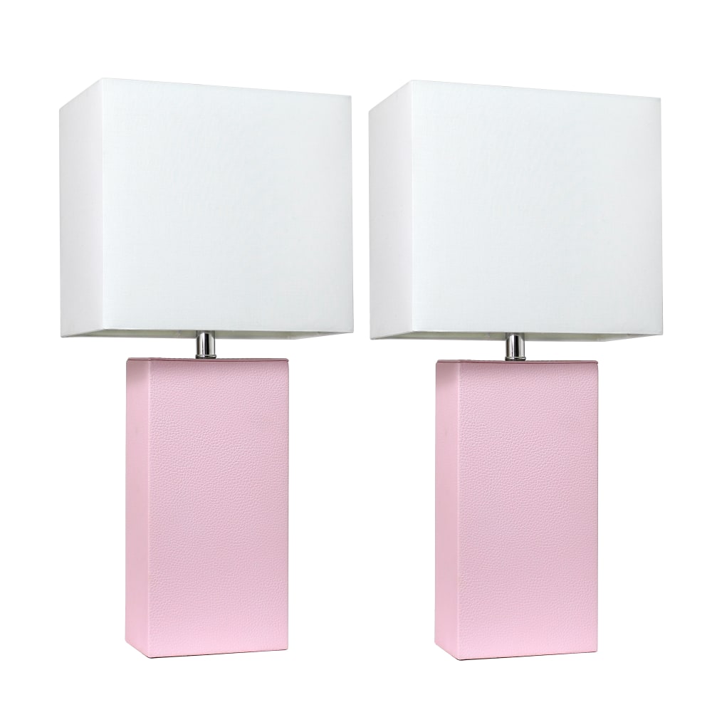 Elegant Designs Modern Leather Table Lamps, 21inH, White Shade/Blush Pink Base, Set Of 2 Lamps