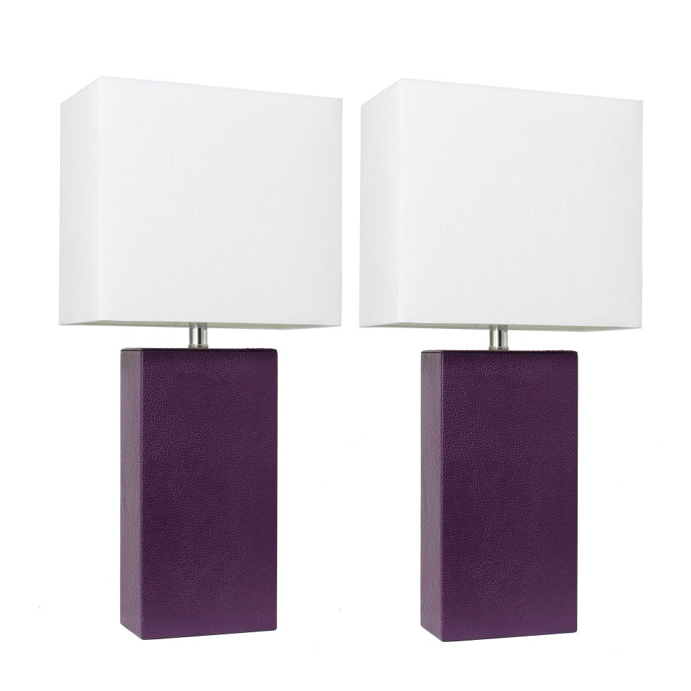 Elegant Designs Modern Leather Table Lamps, 21inH, White Shade/Eggplant Base, Set Of 2 Lamps