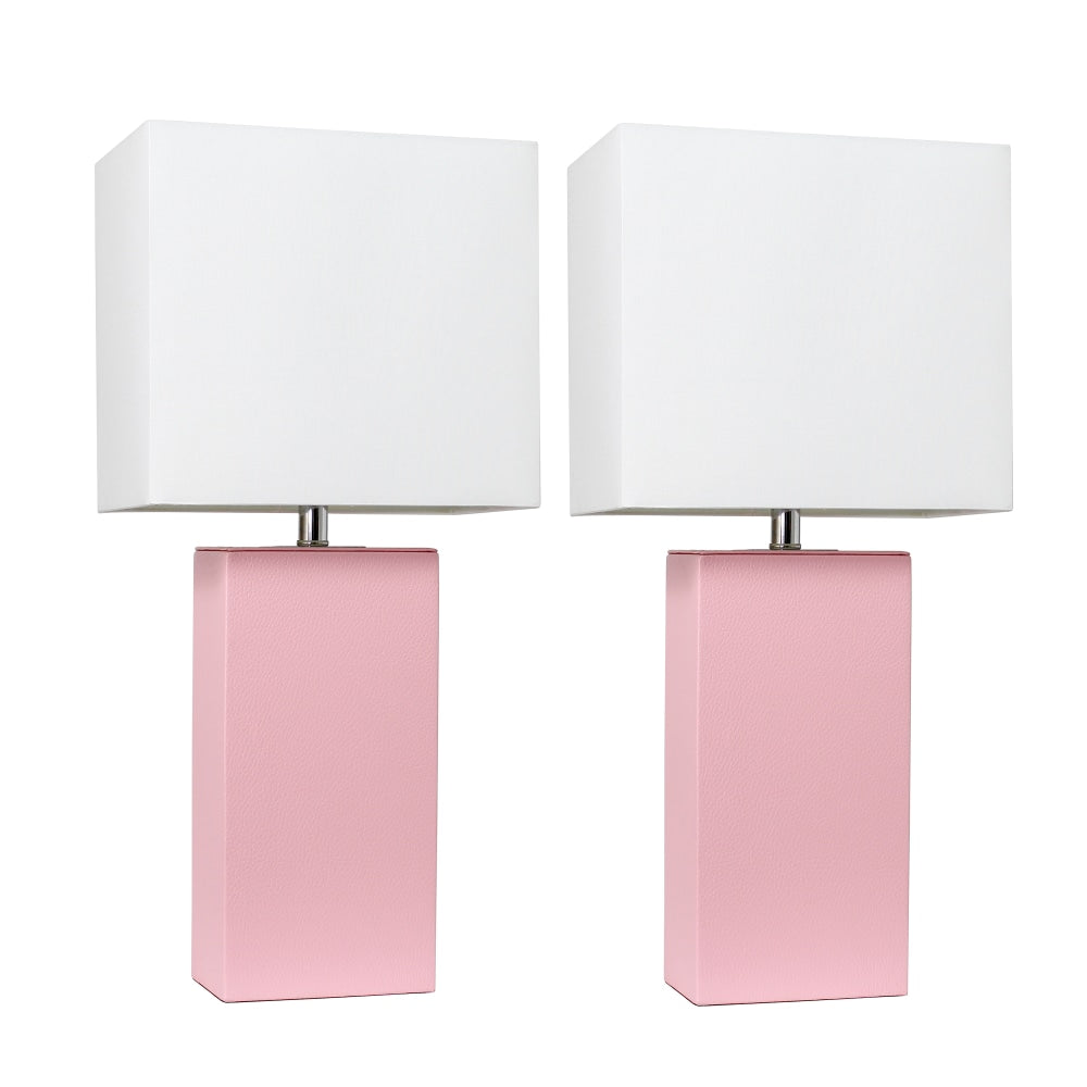 Elegant Designs Modern Leather Table Lamps, 21inH, White Shade/Pink Base, Set Of 2 Lamps